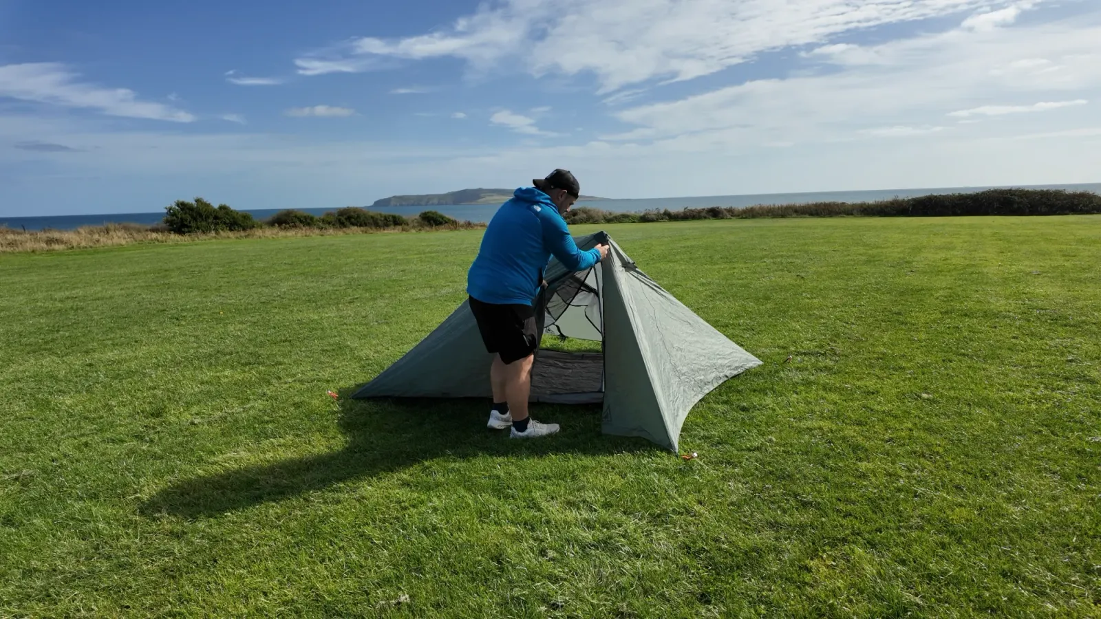 Pitching the Durston X-Mid 2 on a coastal campsite — laying out and setting up the trekking-pole tent