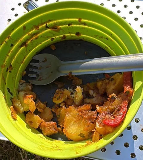 High-protein beef stew cooked on the camp stove